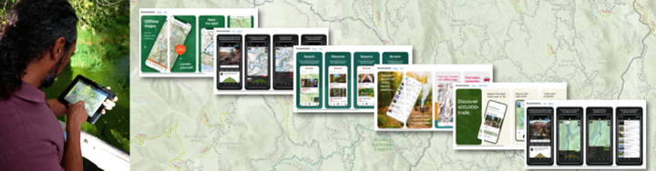 An image of a person using a table and other images of different applications that use geospatial data.